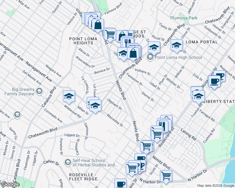 map of restaurants, bars, coffee shops, grocery stores, and more near 3636 Wawona Drive in San Diego