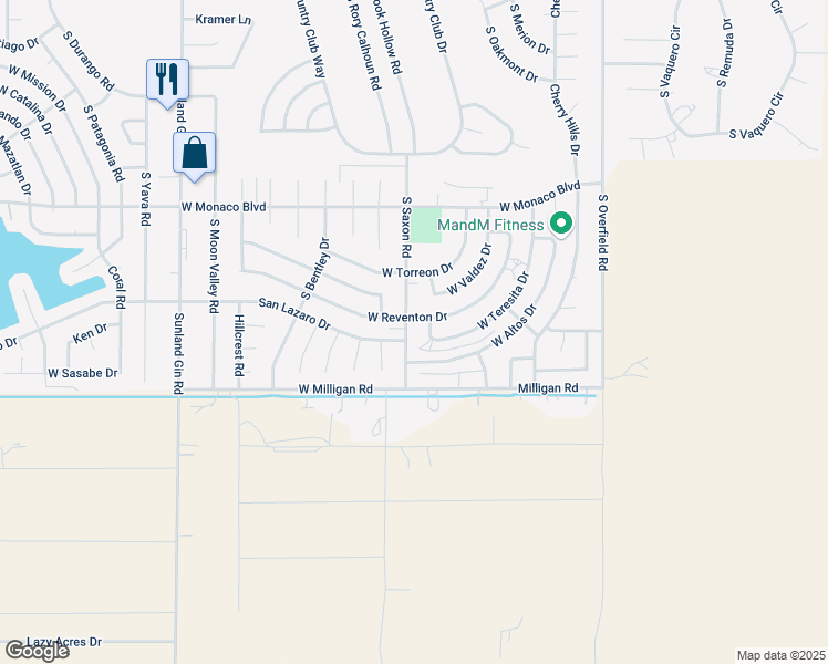 map of restaurants, bars, coffee shops, grocery stores, and more near 8745 West Reventon Drive in Arizona City