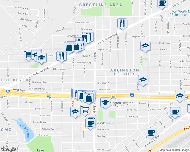 map of restaurants, bars, coffee shops, grocery stores, and more near Hulen St & Pershing Ave in Fort Worth