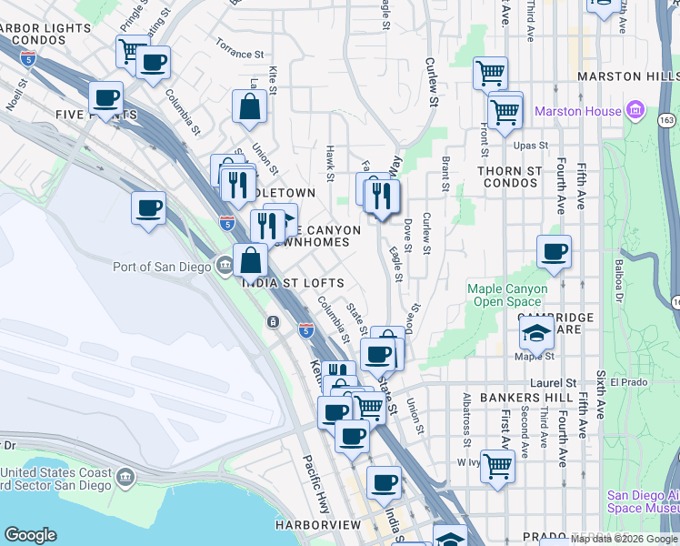 map of restaurants, bars, coffee shops, grocery stores, and more near 2960 Union Street in San Diego
