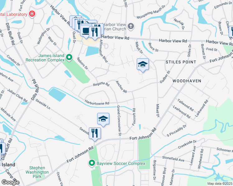 map of restaurants, bars, coffee shops, grocery stores, and more near 973 Anchor Road in Charleston