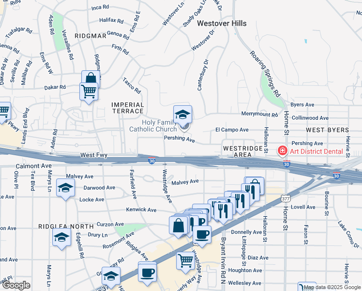 map of restaurants, bars, coffee shops, grocery stores, and more near 6160 Western Place in Fort Worth