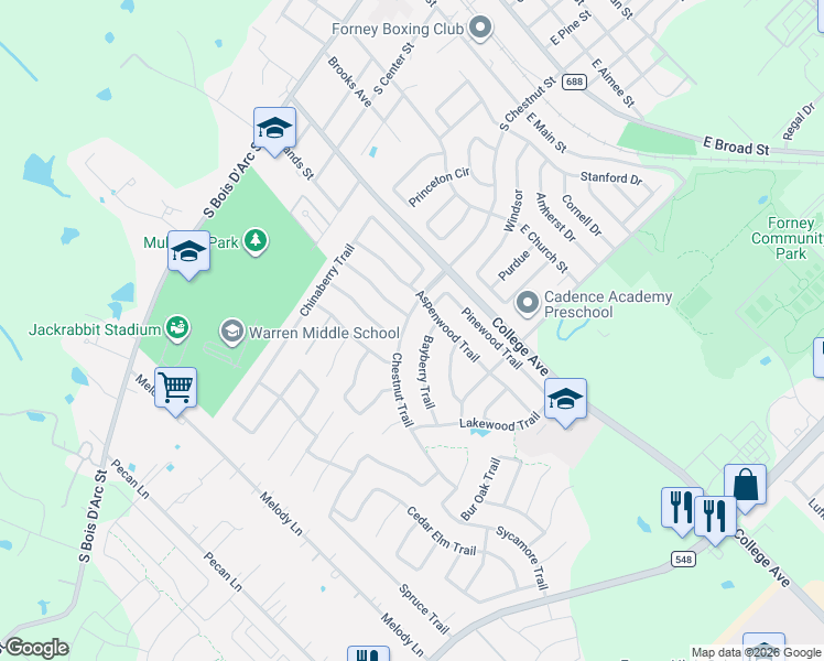 map of restaurants, bars, coffee shops, grocery stores, and more near 507 Chestnut Trail in Forney