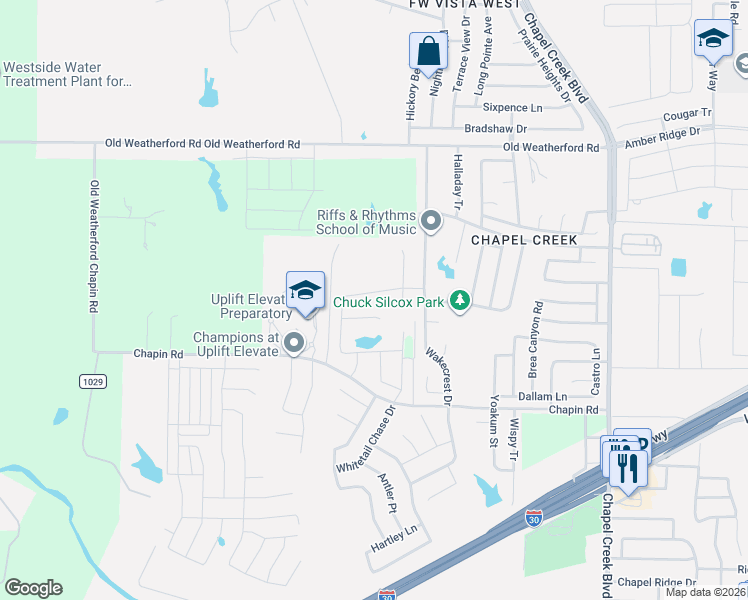 map of restaurants, bars, coffee shops, grocery stores, and more near 10617 High Ridge Lane in Fort Worth