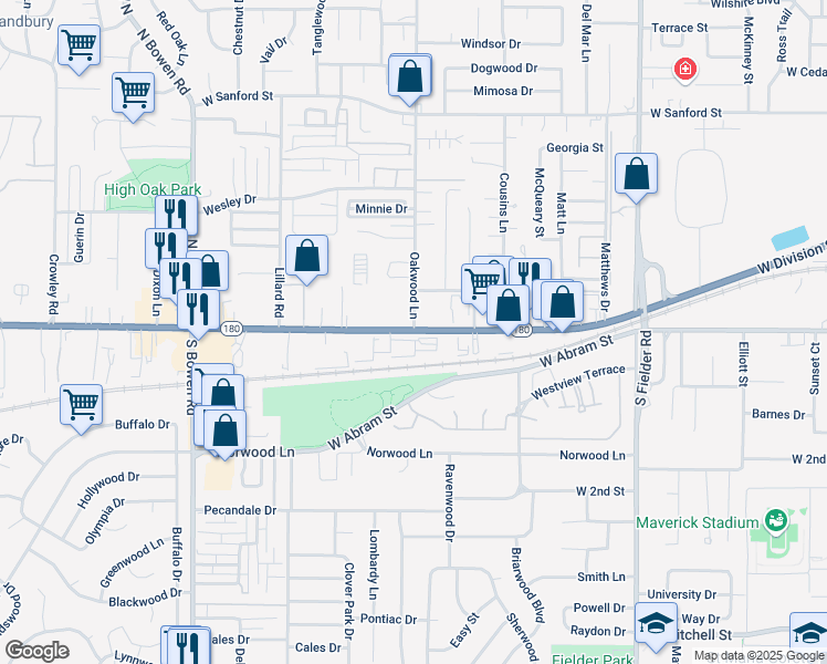 map of restaurants, bars, coffee shops, grocery stores, and more near W Division St & Oakwood Ln in Arlington
