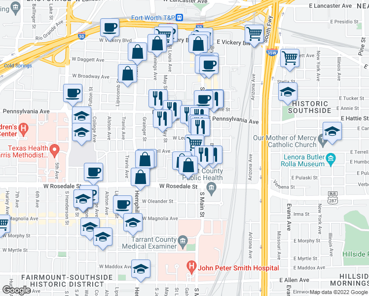 map of restaurants, bars, coffee shops, grocery stores, and more near 818 Galveston Ave in Fort Worth