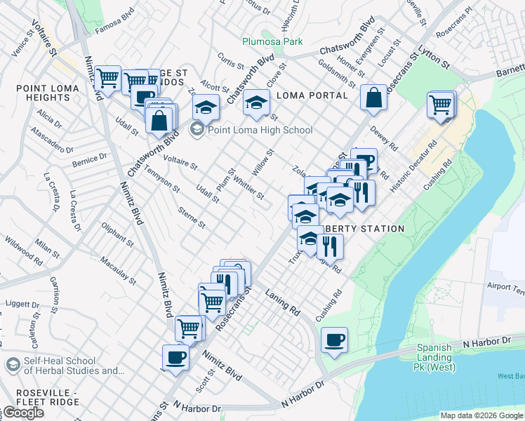 map of restaurants, bars, coffee shops, grocery stores, and more near 3115 Edith Lane in San Diego
