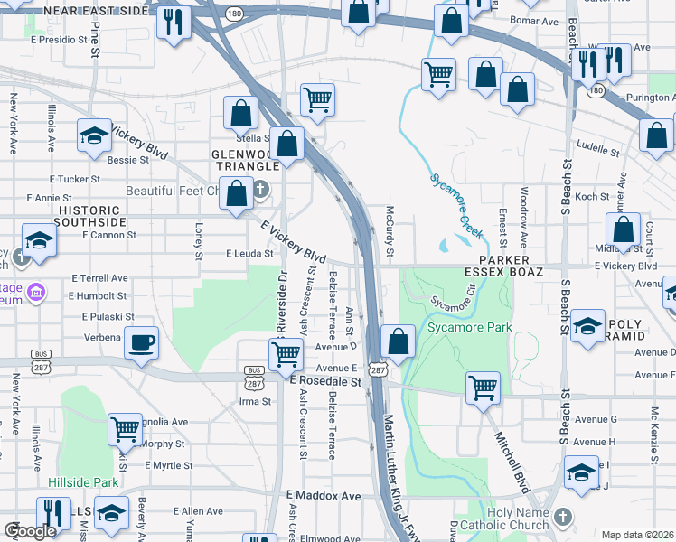 map of restaurants, bars, coffee shops, grocery stores, and more near 2000 East Vickery Boulevard in Fort Worth
