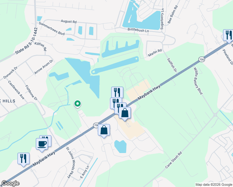 map of restaurants, bars, coffee shops, grocery stores, and more near 1735 Hollydale Court in Johns Island