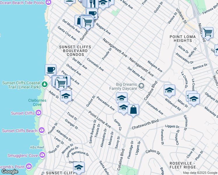map of restaurants, bars, coffee shops, grocery stores, and more near 4451 Del Mar Avenue in San Diego