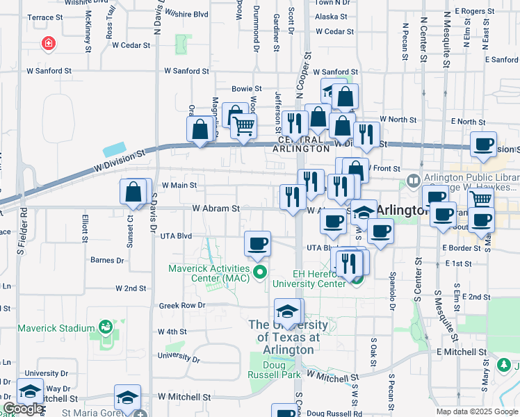 map of restaurants, bars, coffee shops, grocery stores, and more near 809 W Abram St in Arlington