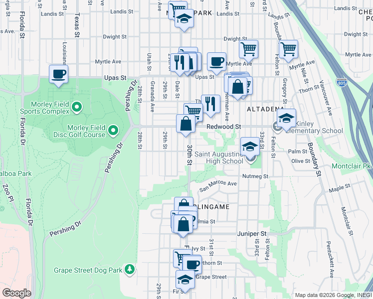 map of restaurants, bars, coffee shops, grocery stores, and more near 2915 30th Street in San Diego