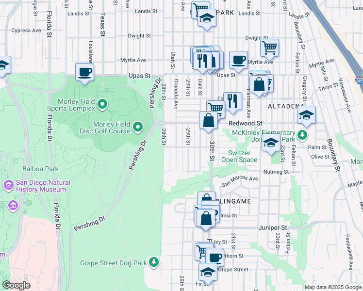 map of restaurants, bars, coffee shops, grocery stores, and more near 2864 Palm Street in San Diego
