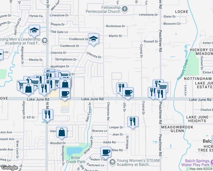 map of restaurants, bars, coffee shops, grocery stores, and more near 2513 Spring Creek Drive in Balch Springs
