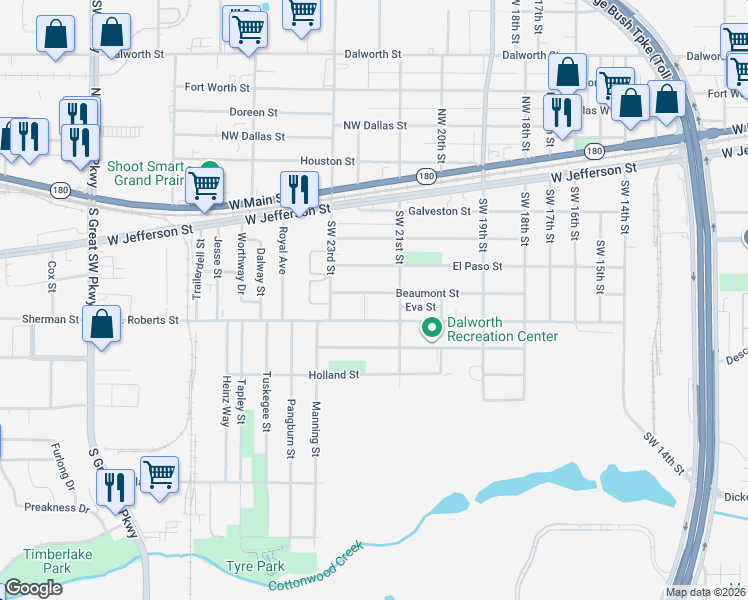 map of restaurants, bars, coffee shops, grocery stores, and more near 2113 Beaumont Street in Grand Prairie