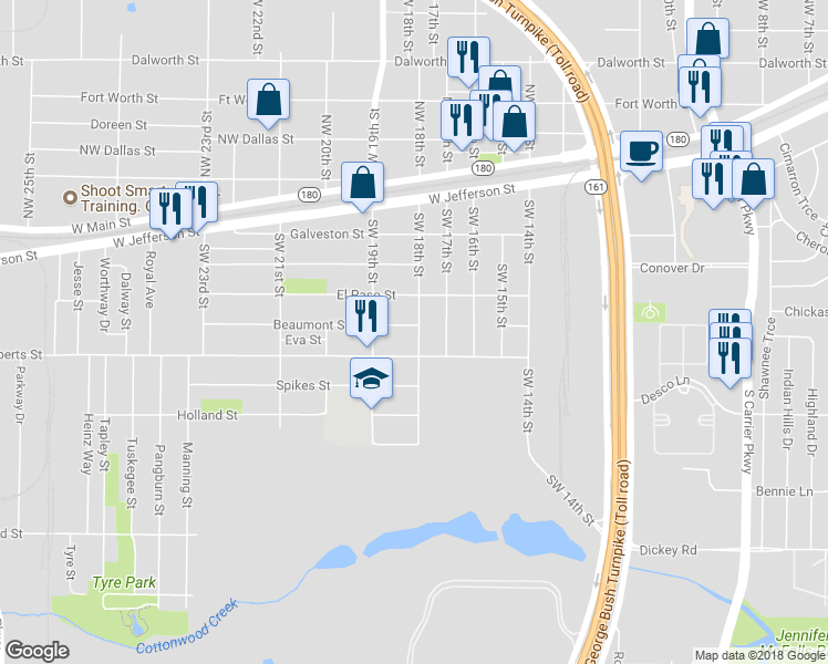 map of restaurants, bars, coffee shops, grocery stores, and more near 1801 Beaumont Street in Grand Prairie