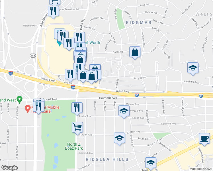 map of restaurants, bars, coffee shops, grocery stores, and more near 6530 West Freeway in Fort Worth