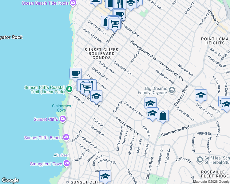 map of restaurants, bars, coffee shops, grocery stores, and more near 4565 Orchard Avenue in San Diego