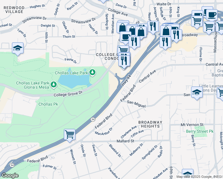 map of restaurants, bars, coffee shops, grocery stores, and more near 6333 College Grove Way in San Diego
