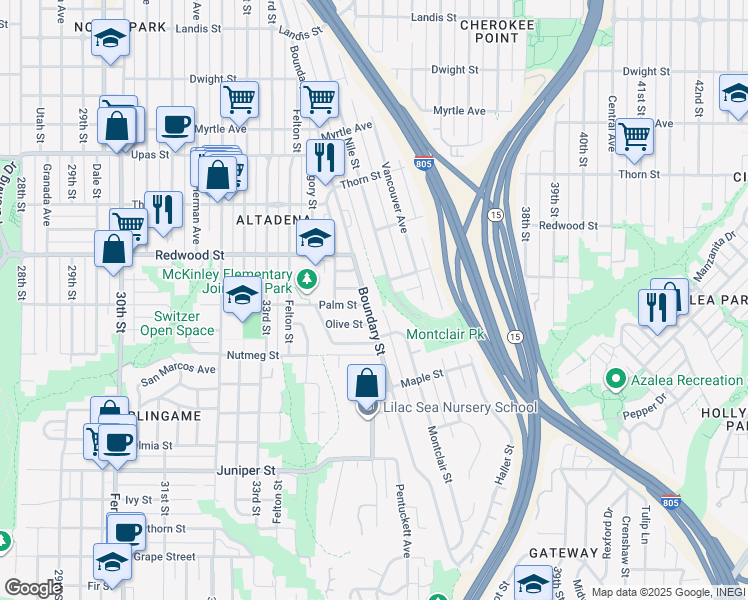 map of restaurants, bars, coffee shops, grocery stores, and more near 2931 Boundary Street in San Diego