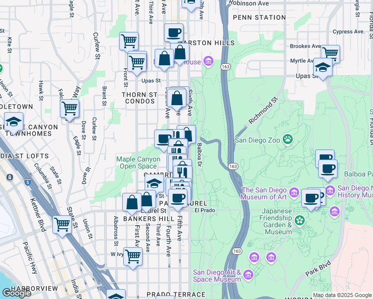 map of restaurants, bars, coffee shops, grocery stores, and more near in San Diego