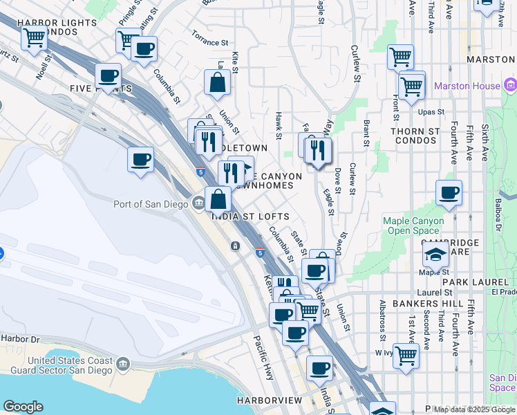 map of restaurants, bars, coffee shops, grocery stores, and more near 1304 West Redwood Street in San Diego