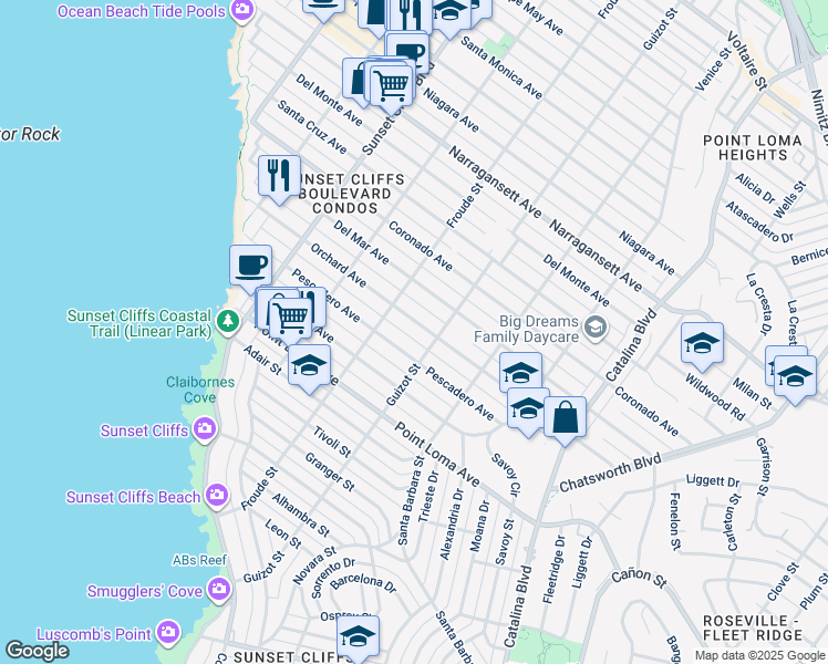 map of restaurants, bars, coffee shops, grocery stores, and more near 4565 Orchard Avenue in San Diego