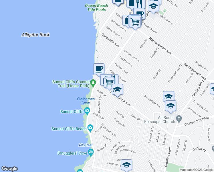 map of restaurants, bars, coffee shops, grocery stores, and more near 4736 Point Loma Avenue in San Diego