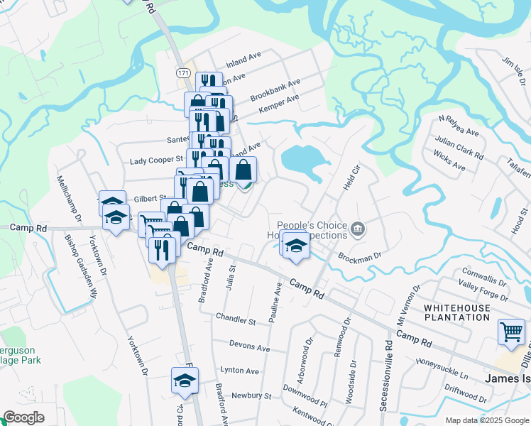 map of restaurants, bars, coffee shops, grocery stores, and more near 49 Meander Row in Charleston