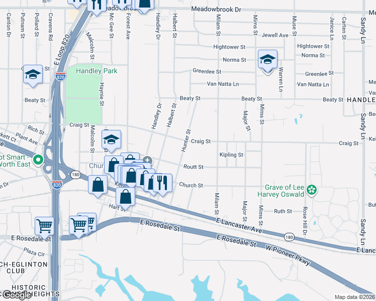 map of restaurants, bars, coffee shops, grocery stores, and more near 2901 Hunter Street in Fort Worth