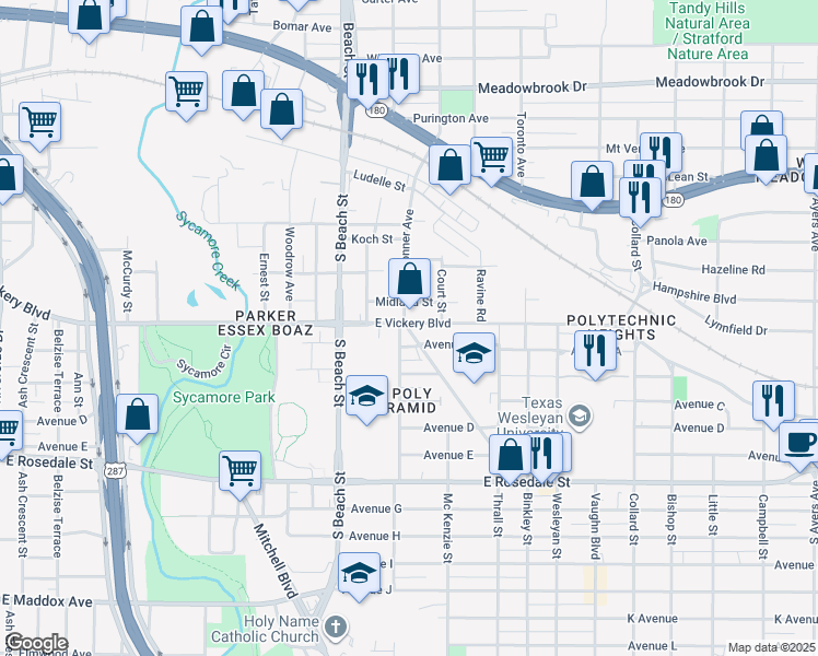 map of restaurants, bars, coffee shops, grocery stores, and more near 801 Nashville Avenue in Fort Worth