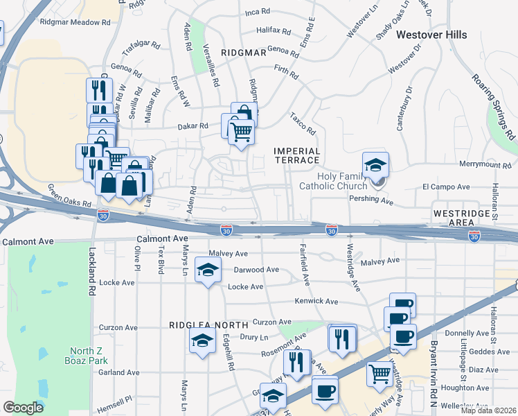 map of restaurants, bars, coffee shops, grocery stores, and more near 2508 Ridgmar Boulevard in Fort Worth