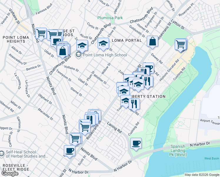 map of restaurants, bars, coffee shops, grocery stores, and more near 3103 Edith Lane in San Diego