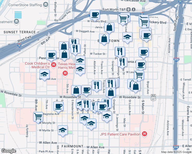 map of restaurants, bars, coffee shops, grocery stores, and more near 818 W Terrell Ave in Fort Worth