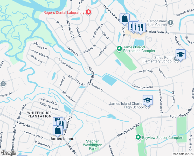map of restaurants, bars, coffee shops, grocery stores, and more near 1152 Sigsbee Road in Charleston