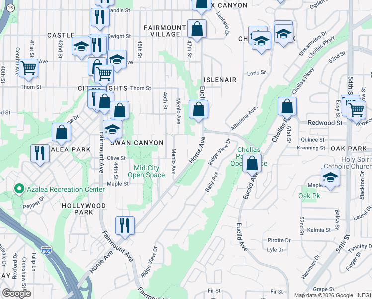 map of restaurants, bars, coffee shops, grocery stores, and more near 2872 47th Street in San Diego