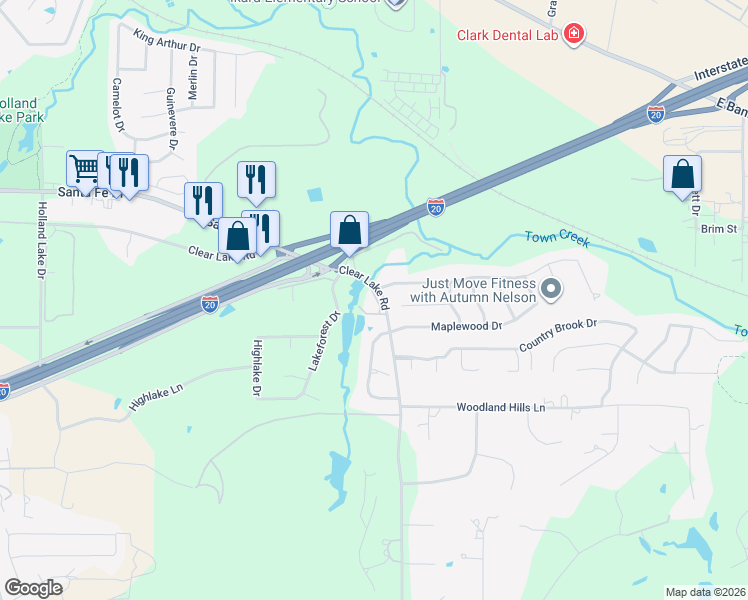 map of restaurants, bars, coffee shops, grocery stores, and more near 2120 Clear Lake Road in Weatherford