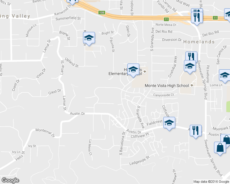 map of restaurants, bars, coffee shops, grocery stores, and more near 2891 Highlands Boulevard in Spring Valley