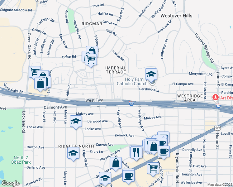 map of restaurants, bars, coffee shops, grocery stores, and more near 2501 Ridgmar Plaza in Fort Worth