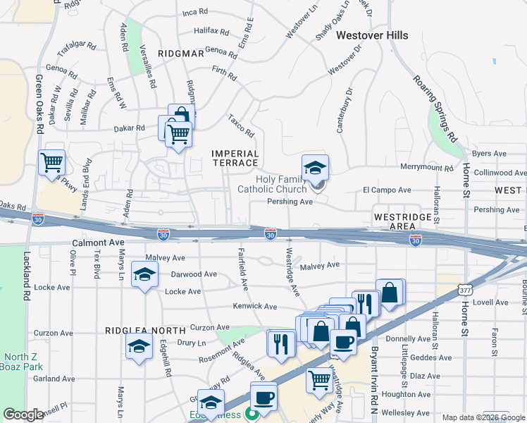 map of restaurants, bars, coffee shops, grocery stores, and more near 6200 Pershing Avenue in Fort Worth