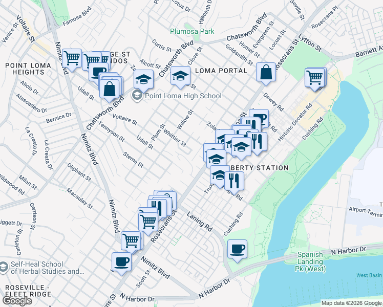 map of restaurants, bars, coffee shops, grocery stores, and more near 3103 Edith Lane in San Diego