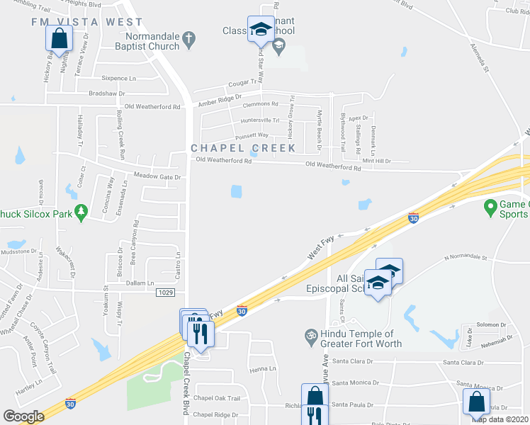 map of restaurants, bars, coffee shops, grocery stores, and more near 10100 West Freeway in Fort Worth