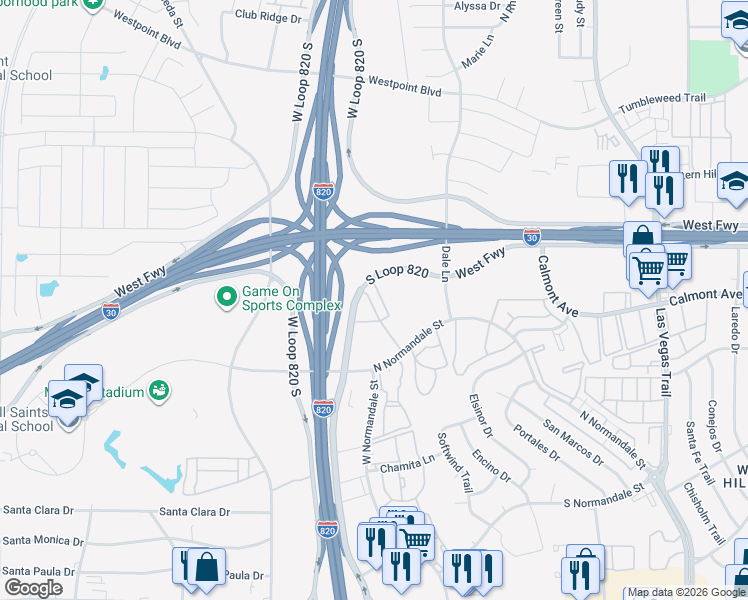 map of restaurants, bars, coffee shops, grocery stores, and more near 9200 North Normandale Street in Fort Worth