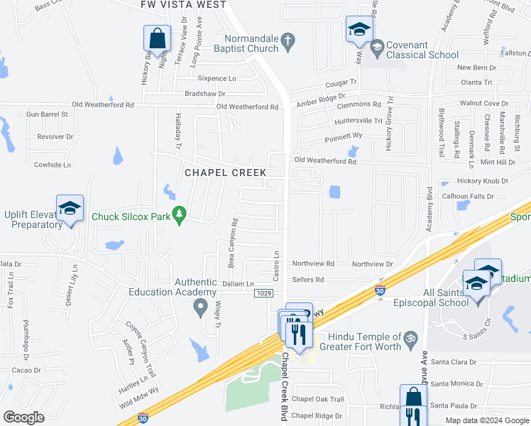 map of restaurants, bars, coffee shops, grocery stores, and more near 10224 Brea Canyon Road in Fort Worth