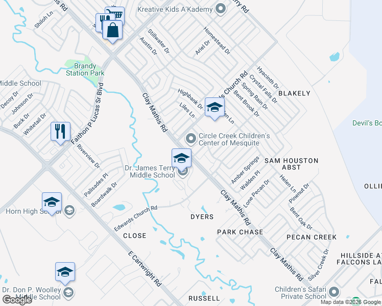 map of restaurants, bars, coffee shops, grocery stores, and more near 2514 Clay Mathis Road in Mesquite