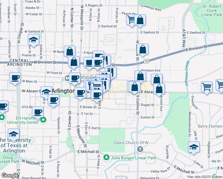 map of restaurants, bars, coffee shops, grocery stores, and more near 607 East Abram Street in Arlington