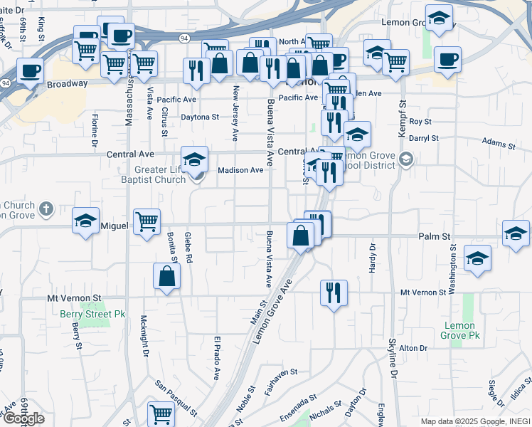 map of restaurants, bars, coffee shops, grocery stores, and more near 2760 Buena Vista Avenue in Lemon Grove
