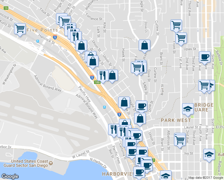 map of restaurants, bars, coffee shops, grocery stores, and more near 3062 Columbia Street in San Diego