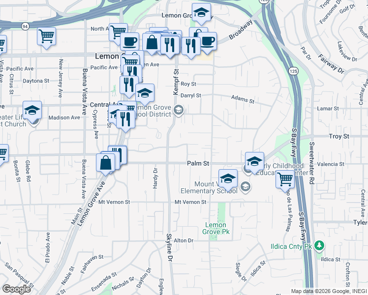 map of restaurants, bars, coffee shops, grocery stores, and more near 8053 Longdale Drive in Lemon Grove