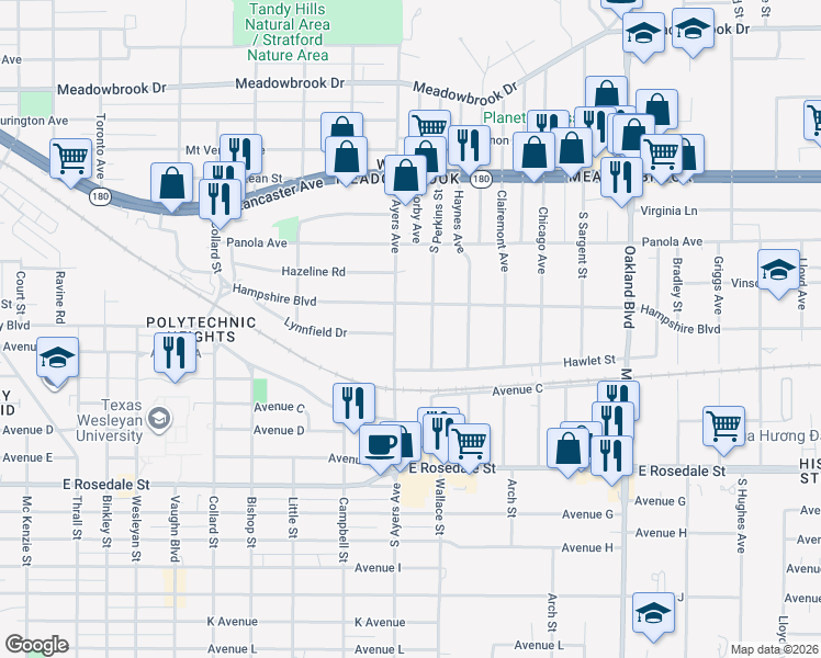 map of restaurants, bars, coffee shops, grocery stores, and more near 821 South Ayers Avenue in Fort Worth